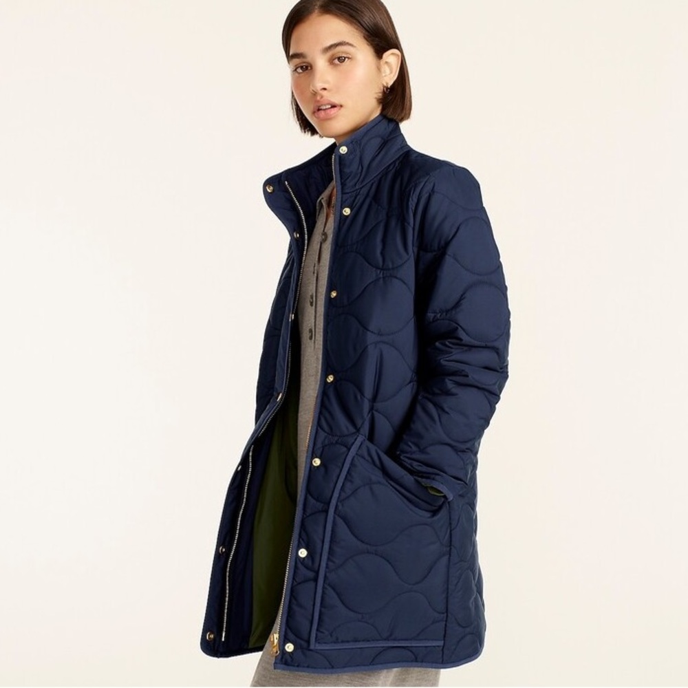 J. Crew Navy Quilted Cocoon Puffer Jacket With Pr… - image 1